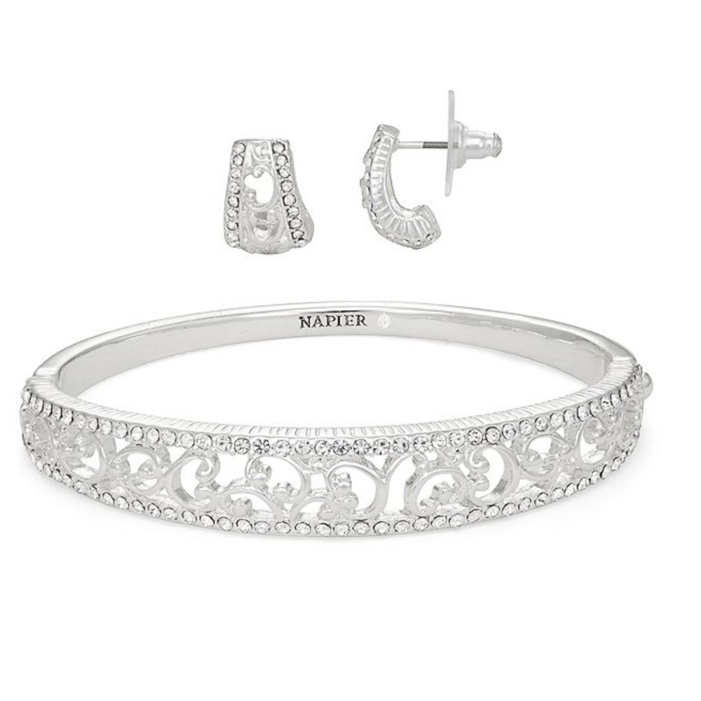 NWT Napier Silver Tone Crystal Bangle Bracelet & Semi Hoop Earring Set